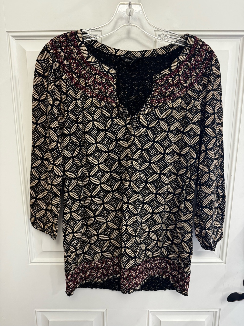 Lucky Brand Black and Cream Geometric Tunic with Burgundy Embroidery